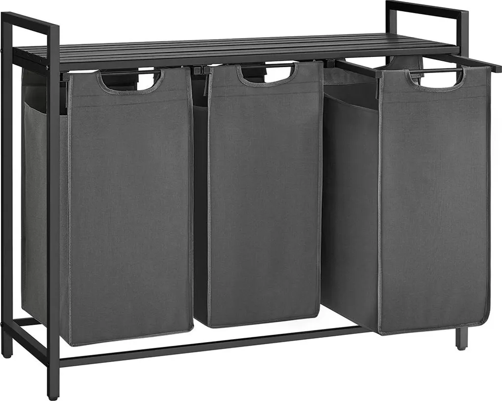 Trieur de linge sale 3 compartiments avec étagère, 114L Noir et Gris
