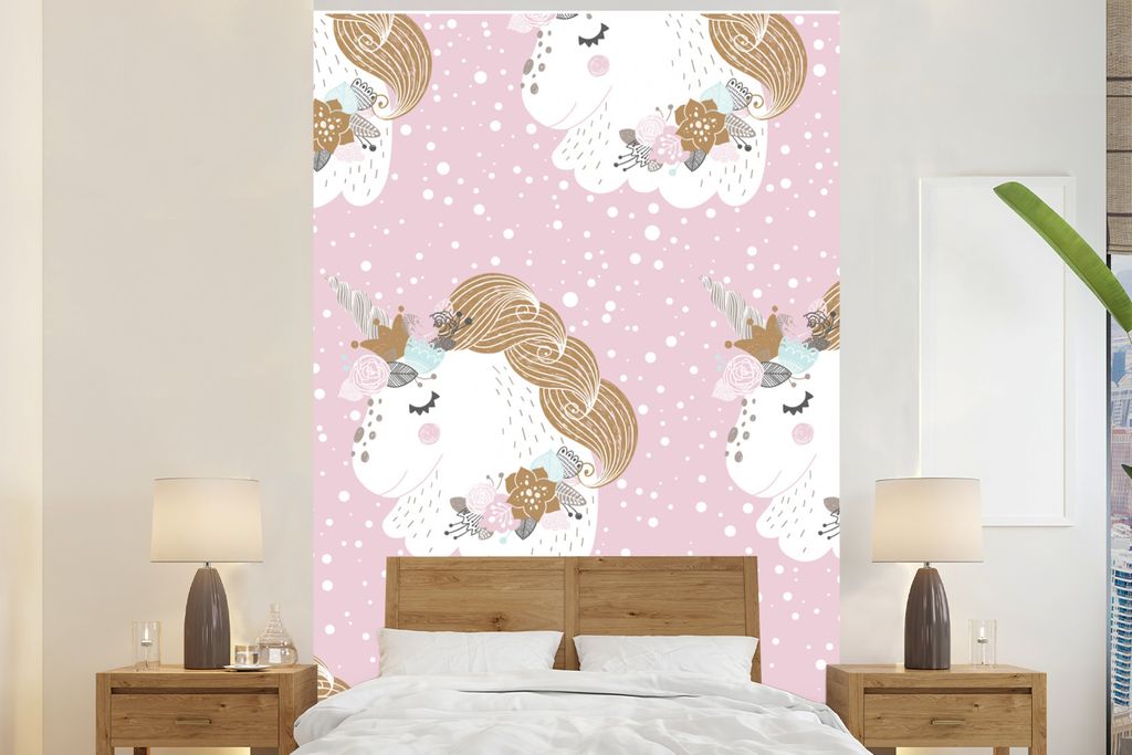 MuchoWow Fototapete für Wohnzimmer oder Schlafzimmer Wandtapete Vinyl Motivtapete Einhorn - Rosa - Kinder - Rosa - Mädchen - Baby - Mädchen - ...