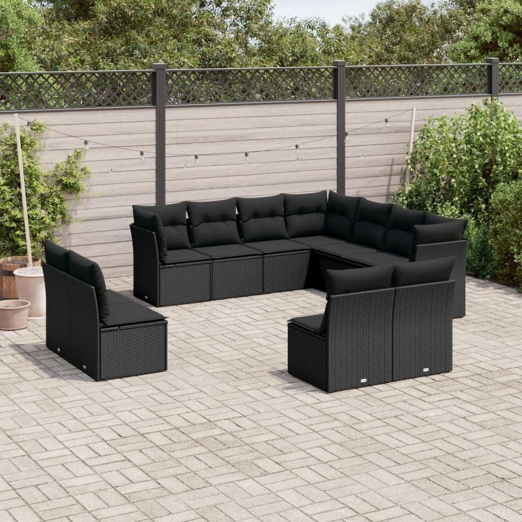 CLORIS 11-tlg. Garten-Sofagarnitur - mit Kissen - Schwarz Poly Rattan - Gartenmöbelgarnituren LL0000257803