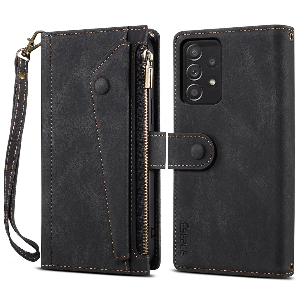 Custodia Pelle Samsung A53 5G Nera | Portafoglio con Zip e Supporto