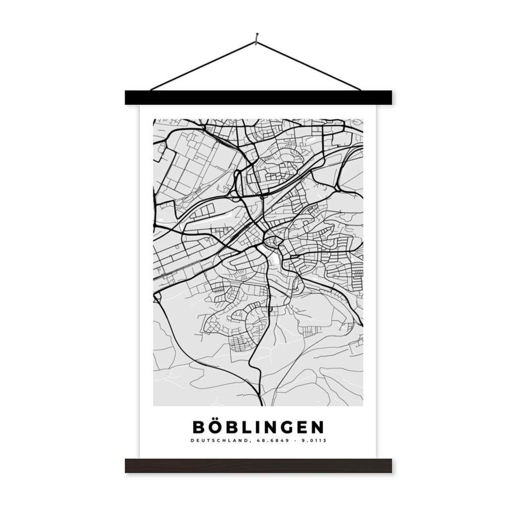 MuchoWow Textilposter Stadtplan - Böblingen - Karte - Deutschland 60x90 cm mit schwarzem Rahmen - Poster Wohnzimmer