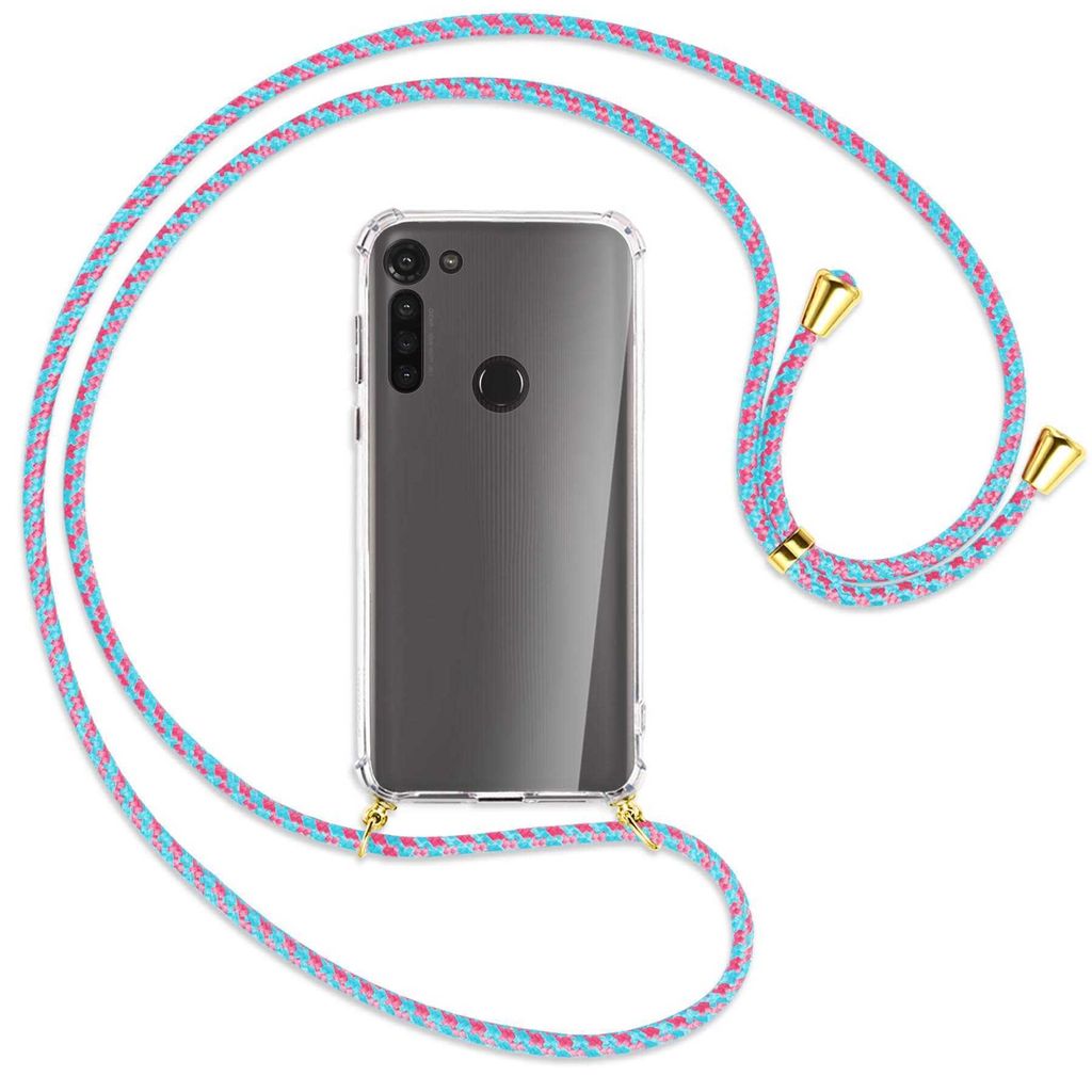 Handykette Backcover-Schutzhülle mit Band (Metall goldfarben) für Motorola Moto G8 Power - pink/mint
