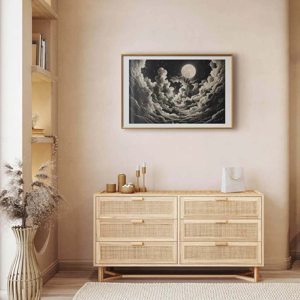 Poster Luna tra le nuvole 90x60 cm con cornice dorata con margine - 2