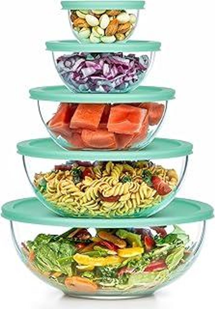Vtopmart 5er Set Salatschüssel mit Deckel, Stapelbare Rührschüssel Glas, 3.3L/2L/1L/0.47L/0.19L, BPA-Frei, Spülmaschinenfest & Mikrowellengeeig...