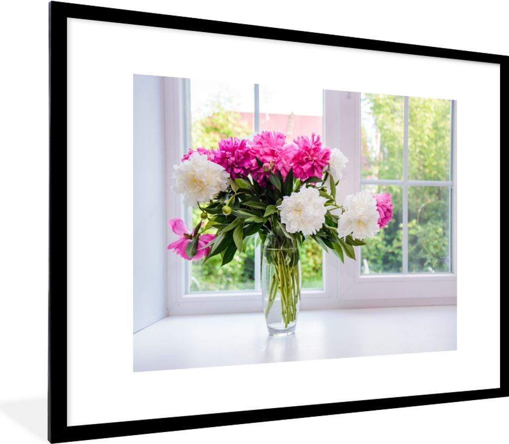 MuchoWow Gerahmtes Poster Blumen - Pfingstrosen - Vase 80x60 cm - Poster mit Schwarzem Bilderrahmen Wandposter Rahmen Foto Bilder - Schlafzimmer-...