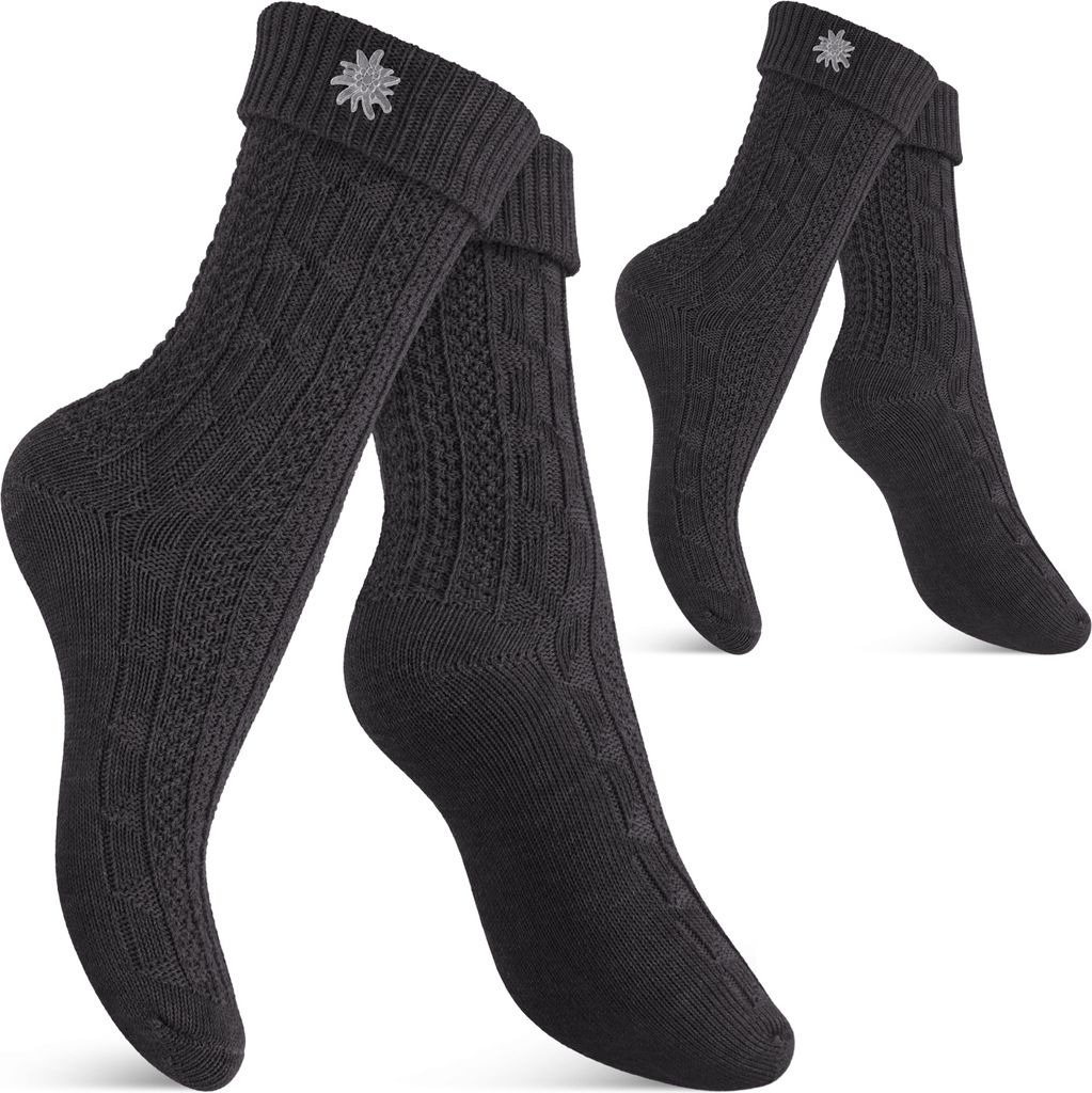 Celodoro Damen und Herren Trachten Socken (2 Paar) mit Edelweiß-Pin Strümpfe - Anthrazit 35-38
