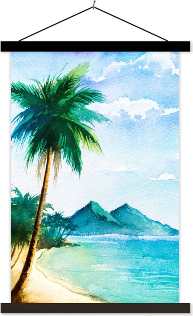 MuchoWow Textilposter Strand - Palme - Berg 120x180 cm mit schwarzem Rahmen - Fotos