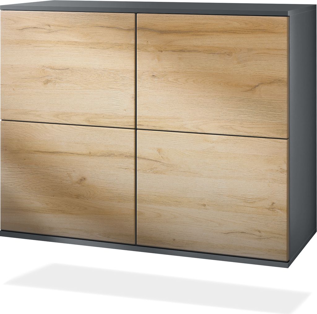 Vladon Kommode Rova V3, Moderner Küchenschrank mit 4 Push-to-Open Türen Anthrazit matt / Eiche Natur (92,5 x 73.5 x 35)
