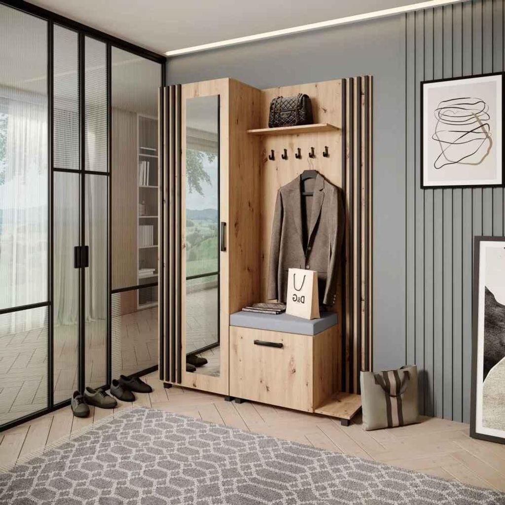 Garderobenschrank LIVIA – Garderoben-Set mit Spiegel und Aufhängern, Eiche Artisan, Lamellen in Schwarz, Sitzkissen in Grau, Rechts