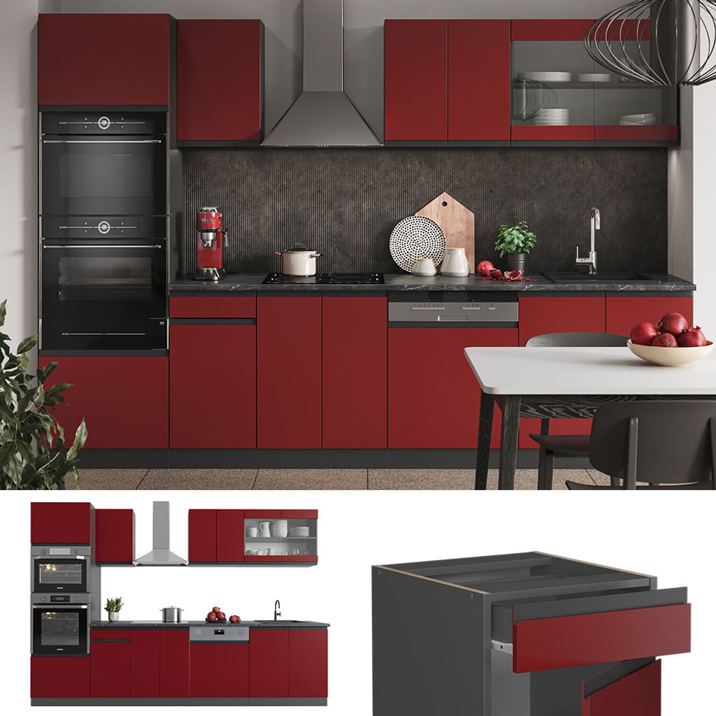 Vicco Cuisine R-Line, Bordeaux haute brillance/blanc, 300cm , PT Chêne - Achat & prix