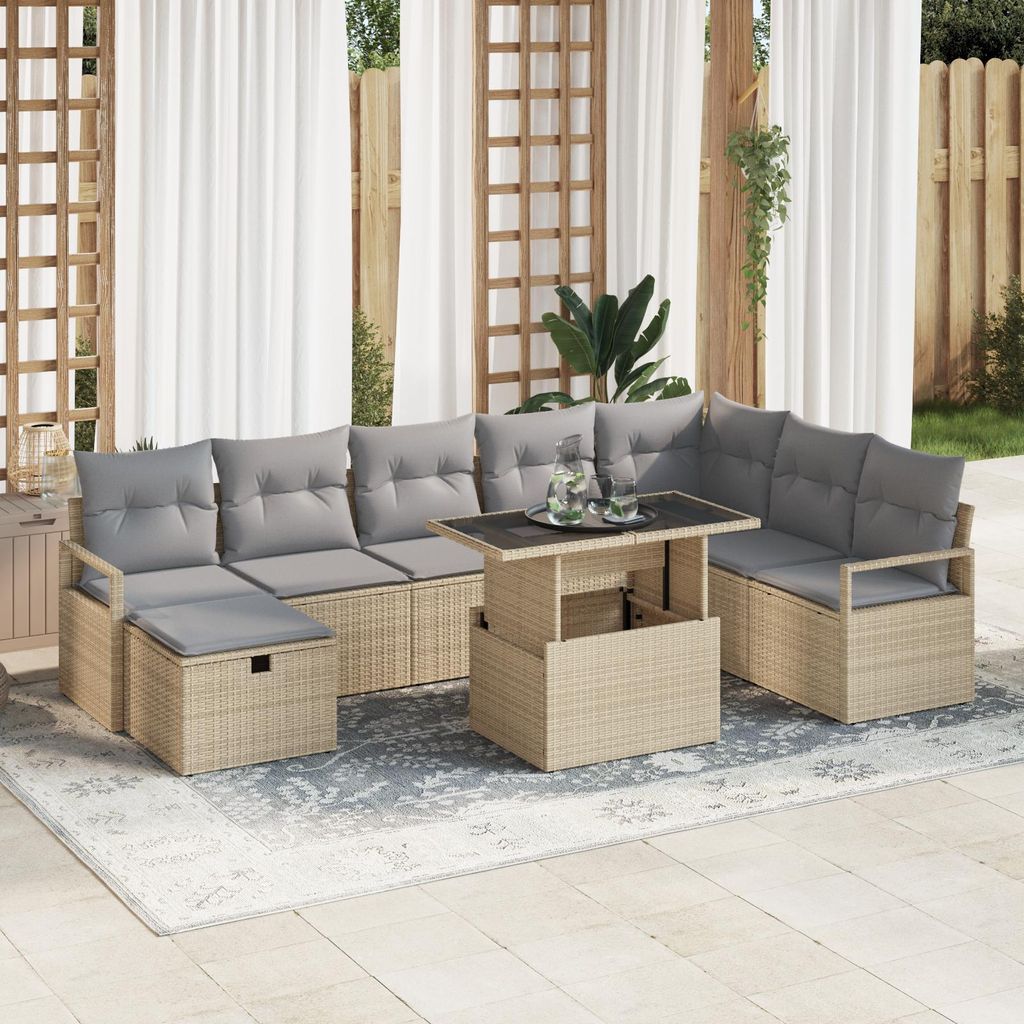 9-teilige Garten Sofa Set mit Kissen Beige Poly Rattan, Design Gartensofas Neu