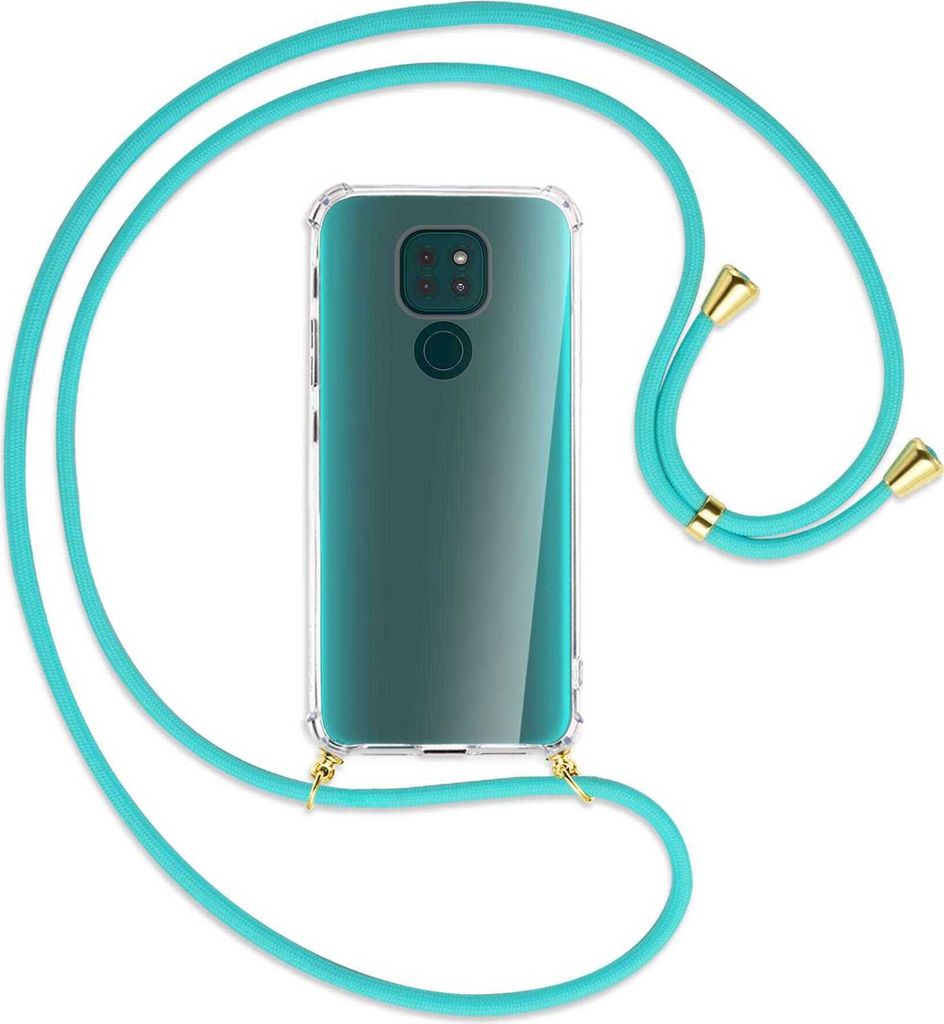 Handykette Backcover-Schutzhülle mit Band (Metall goldfarben) für Motorola Moto G9 / G9 Play - türkis