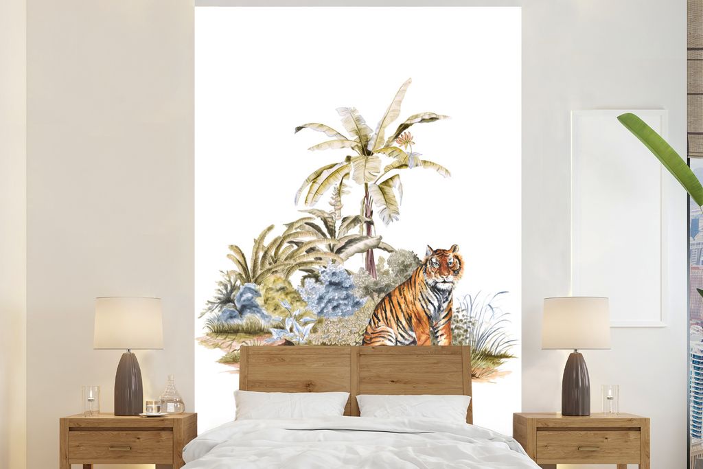 MuchoWow Fototapete für Wohnzimmer oder Schlafzimmer Wandtapete Vinyl Motivtapete Tiger - Gemälde - Baum - 180x280 cm - Wallpaper