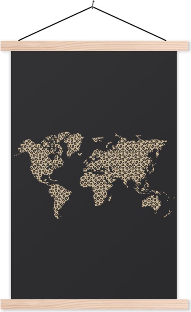 MuchoWow Textilposter Weltkarte - Leopard - Tiere 120x180 cm mit holzfarbenen Rahmen - Textil-Plakat