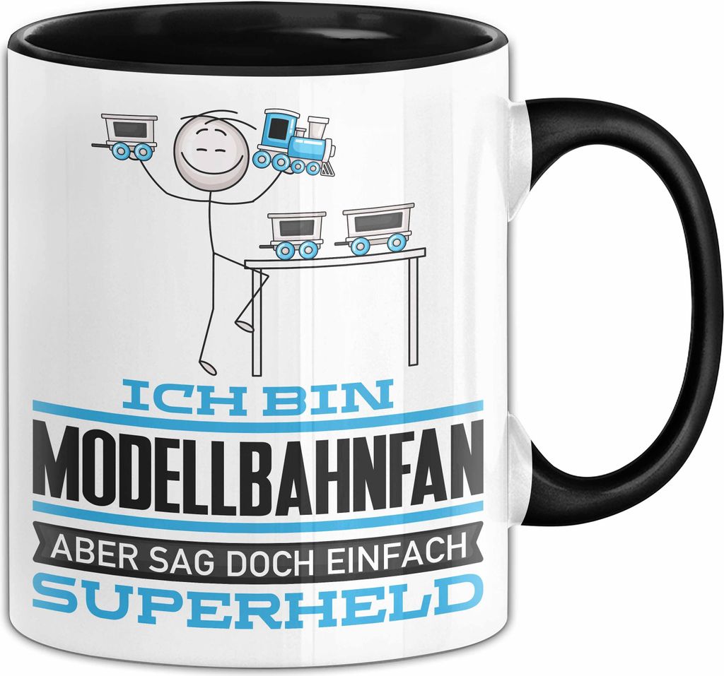 Modellbahnfan Geschenk Tasse Ich Bin Modellbahnfan Aber Sag Doch Einfach Superheld Lustige Geschenkdiee für Modellbahnfan Kaffee-Becher (Schwarz)