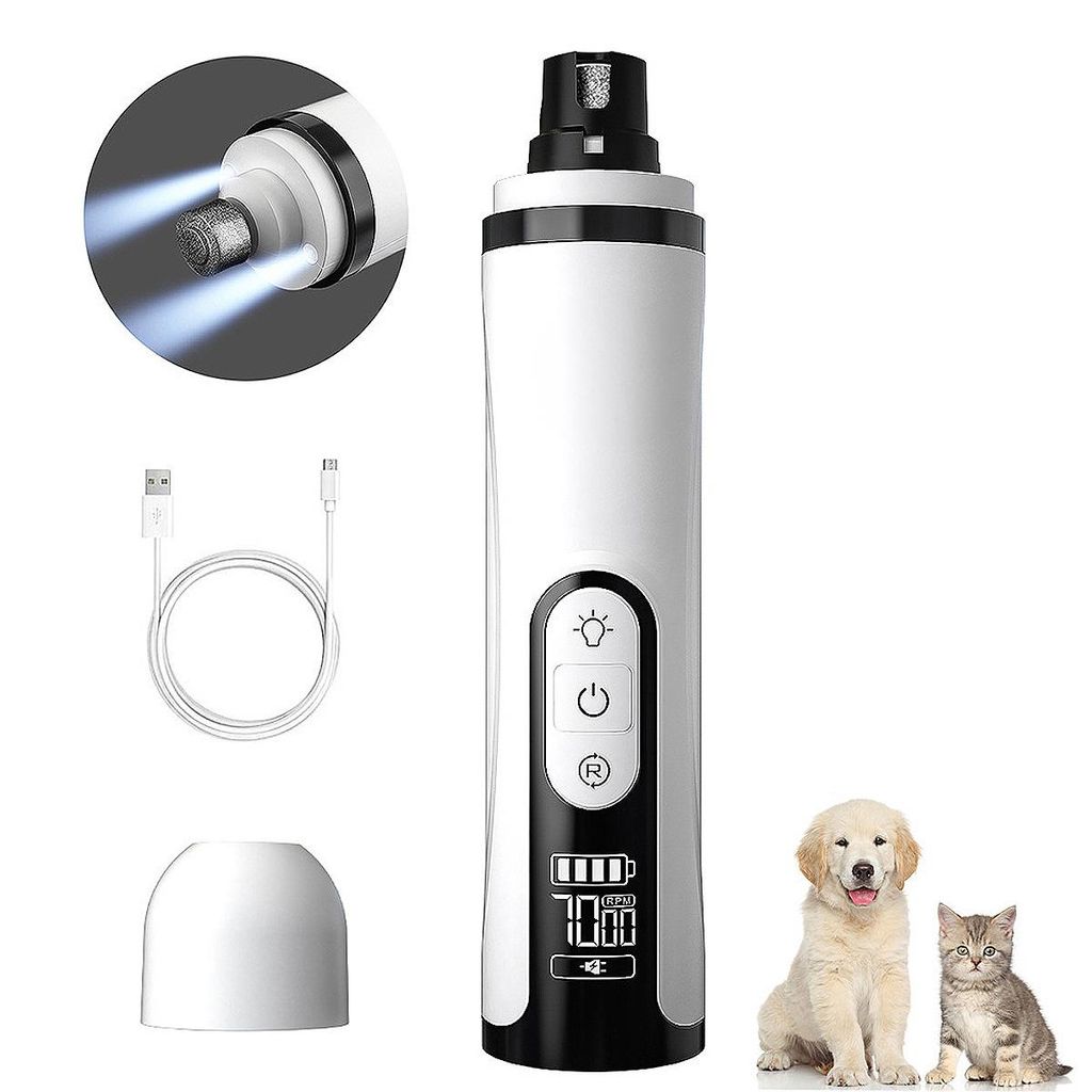Nagelschleifer kabellos, Nageltrimmer für Hunde und Katzen mit LED-Licht und 3 Geschwindigkeiten, 2000 mAh, Hundenageltrimmer für dicke Nägel