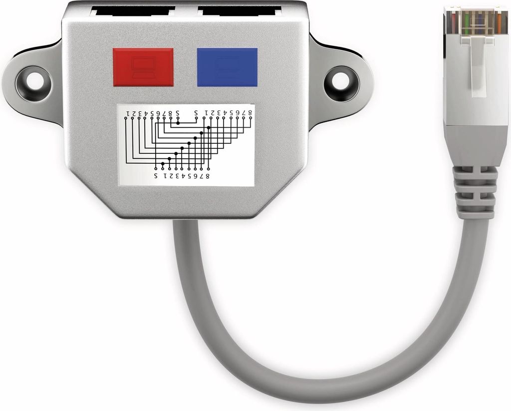 A close-up studio shot of a network splitter device with a cable attached.