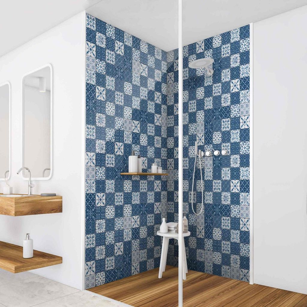 Duschrückwand Muster selbstklebend - 0.35 mm Wandpaneel wasserfest Design blau Fliesenoptik Illustration Badrückwand fugenlos Smart matt 80x210 cm