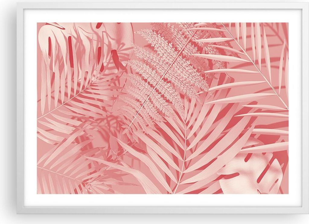 Gerahmtes Poster - Weißer Rahmen - Rosa Blätter Palmen - 70x50 cm - Wand Bild - Wanddeko - Wandbilder - Kunstposter - Wandposter - Bilderrahmen -...