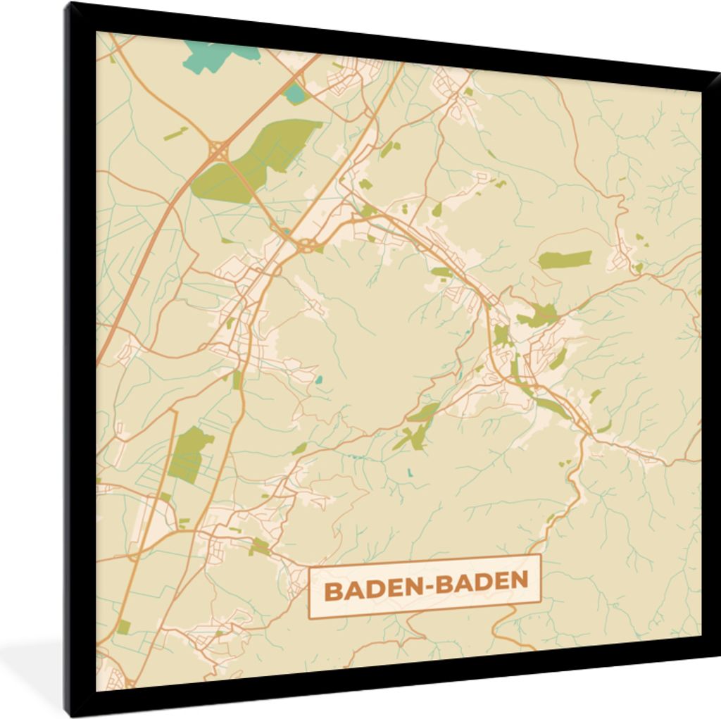 MuchoWow Gerahmtes Poster Karte - Baden-Baden - Vintage - Stadtplan 40x40 cm - Poster mit Schwarzem Bilderrahmen Wandposter Rahmen Foto Bilder - ...