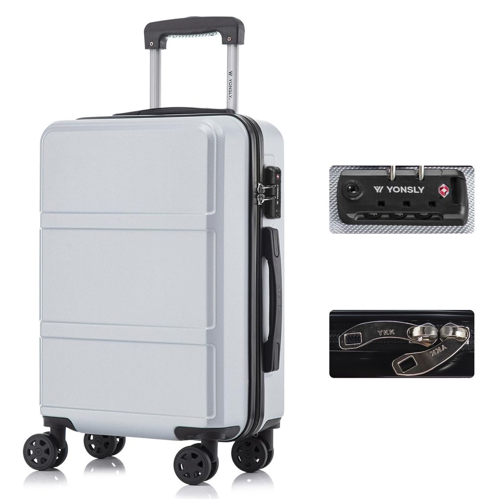 Premium Reisekoffer TSA-Schloss,YKK-Reißverschluss Hartschalen-Koffer Trolley Kabinenkoffer Rollkoffer Suitcase Handgepäck 4 Rollen (Silber, M)