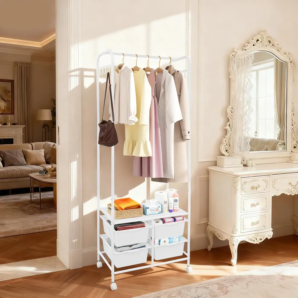 Porte-manteau blanc structure plastique 4 tiroirs rangement modulable