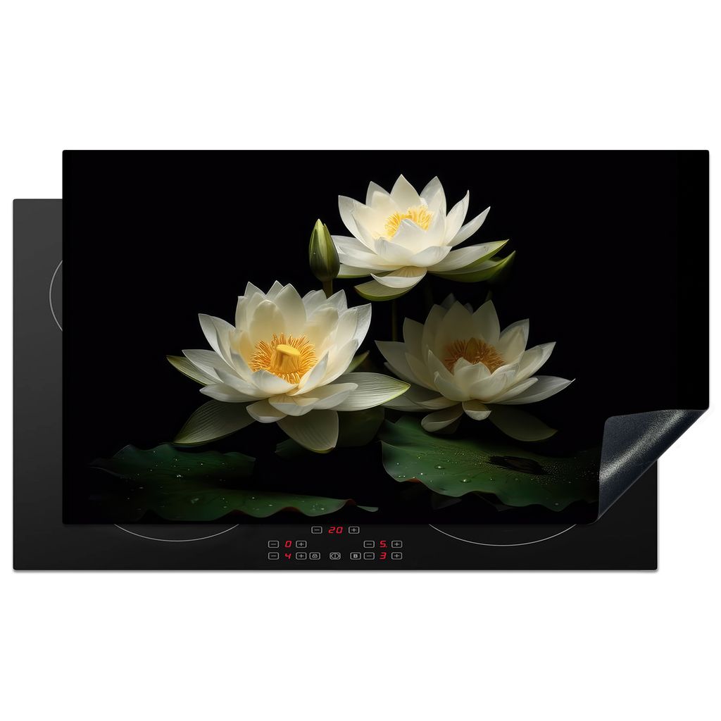 KitchenYeah Herdabdeckplatte Lotus - Blumen - Weiß - Natur - Schwarz , 90x52cm, Küche Deko, Glaskeramikkochfeld Herdabdeckung, Abdeckplatte fù...