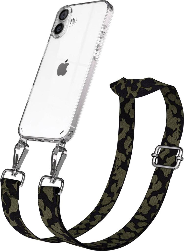 EAZY CASE Handykette - Verstellbarer Trageriemen kompatibel mit Apple iPhone 16 Plus, Handykordel mit transparenter Silikon-Hülle, Karabiner Silbe...