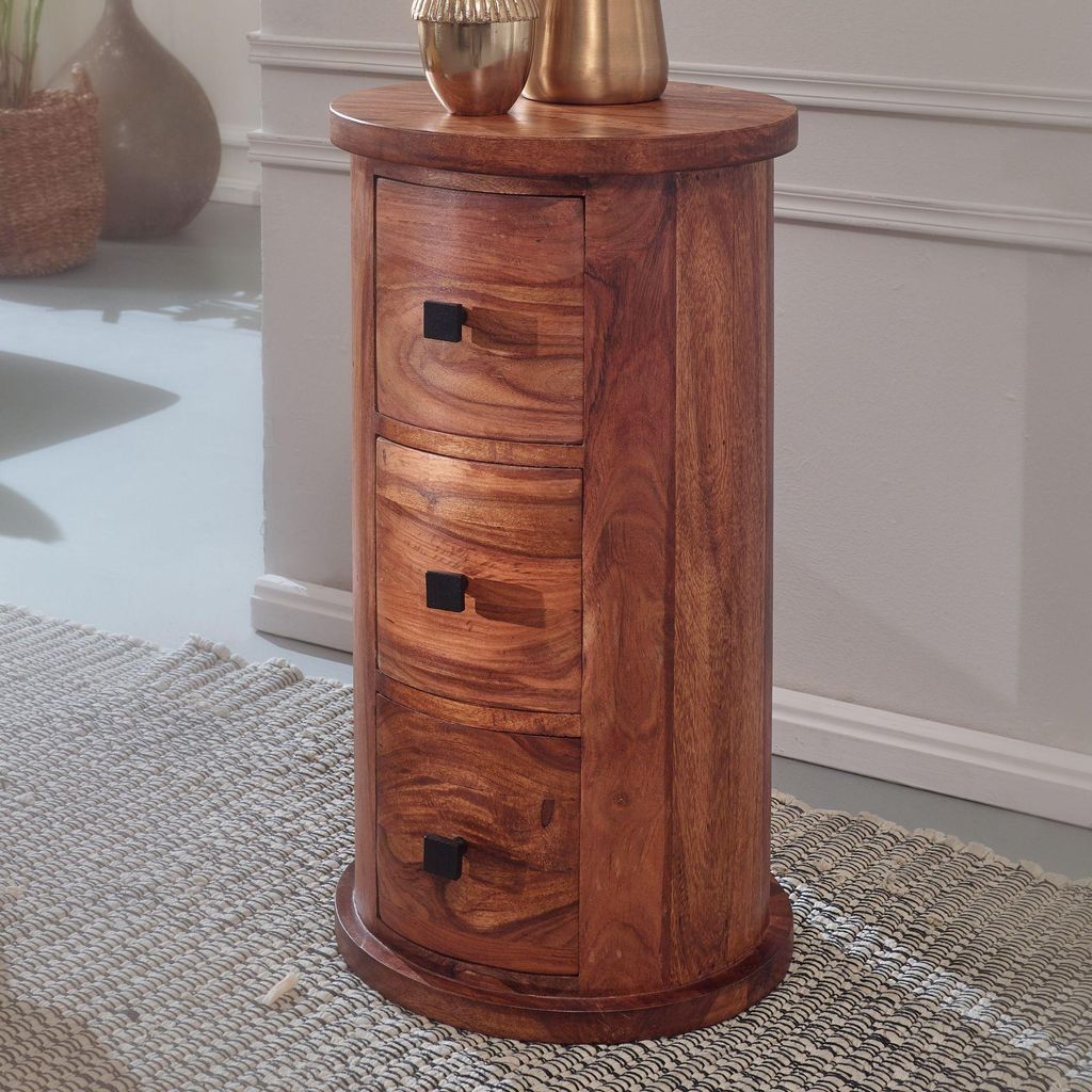 WOHNLING Design Sideboard Sheesham Massivholz 35x65x35 cm Schränkchen mit 3 Schubladen Schmaler Beistellschrank Massiv Mini Kommode Rund