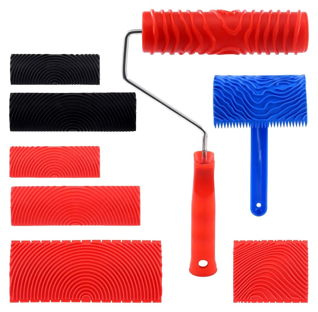 8-teiliges Set für Holzmaserung, Gummi, Musterroller mit Griff, Tapetenroller für die Wandgestaltung