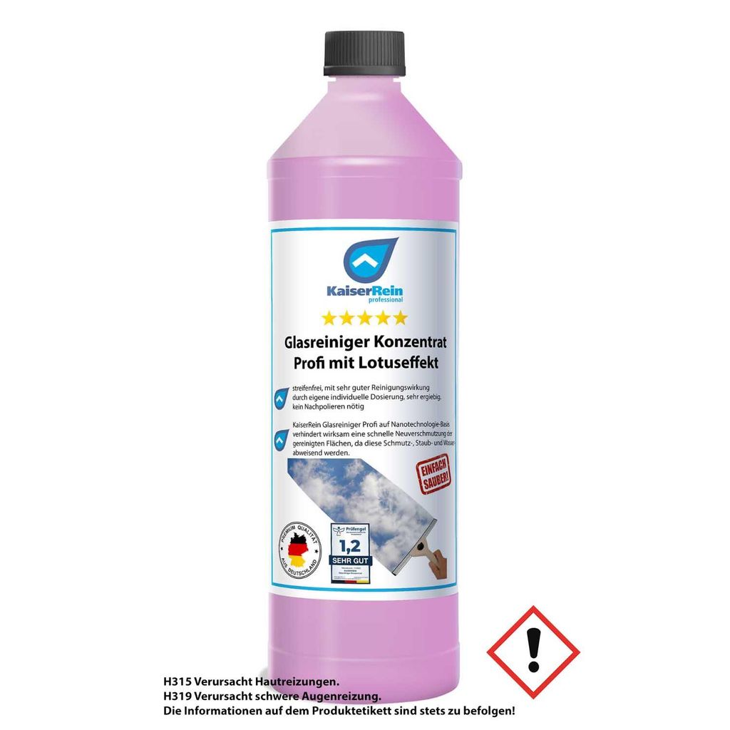 KaiserRein Glasreiniger Konzentrat mit Lotuseffekt 1L unser Profi Fenster-Reiniger I Fenstersauger geeignet I streifenfrei für Glas Fenster und Sp...