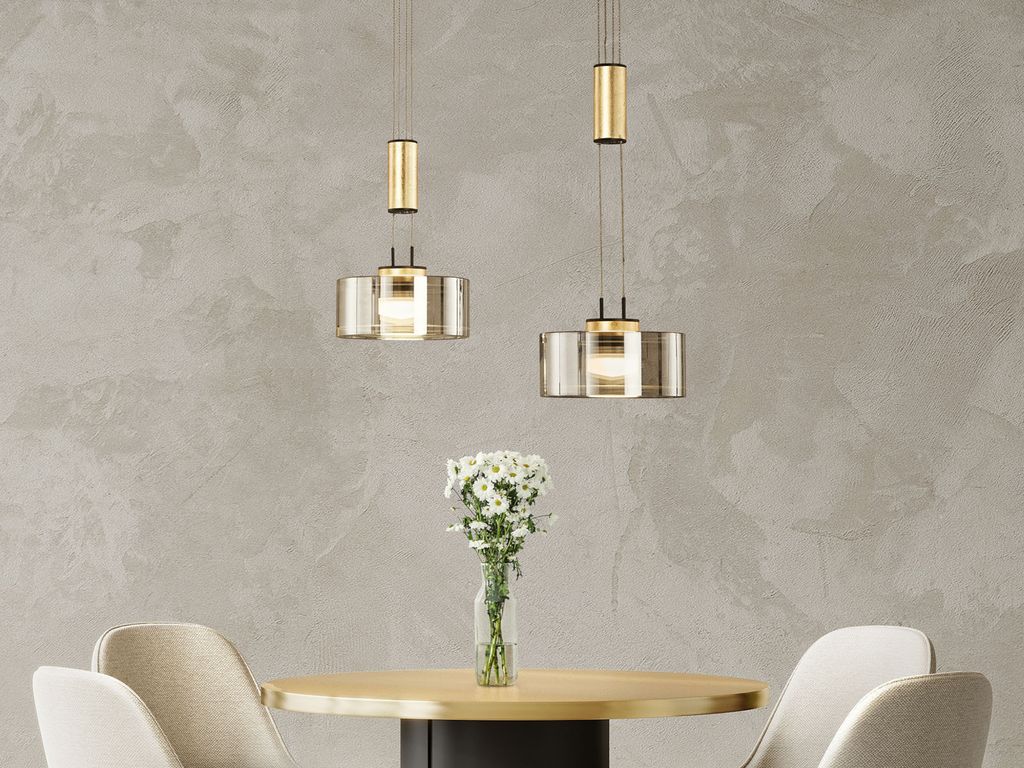 Pendelleuchte, Lavin | 2x LED 9,0 W inkl.Marken-LED sandschwarz matt / blattgoldfarben | Glas| rauchfarben