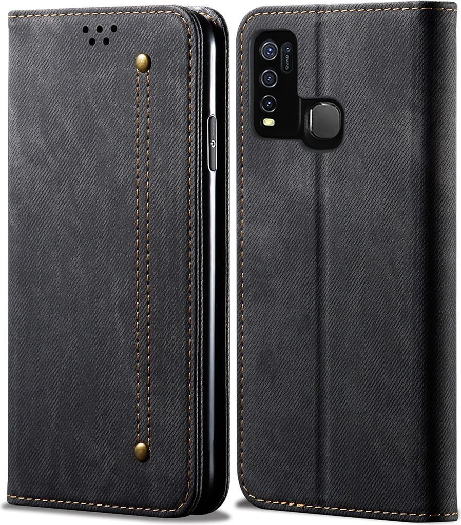 VIVO Y50 Hülle, LaimTop Denim Leder Brieftasche Magnetverschluss Flip Bookstyle Schutzhülle mit Standfunktion für VIVO Y50 VIVO Y50 Schwarz