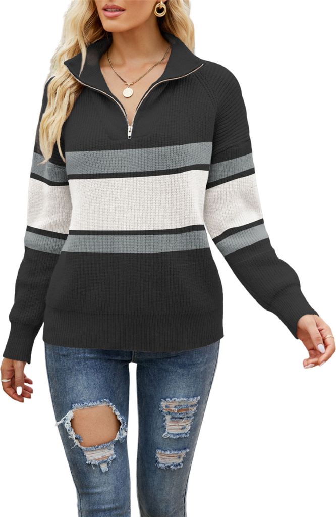 ASKSA Damen Strickpullover Reissverschluss Revers Lange aermel Elegant Grobstrick Casual Pullover, Schwarz, XL