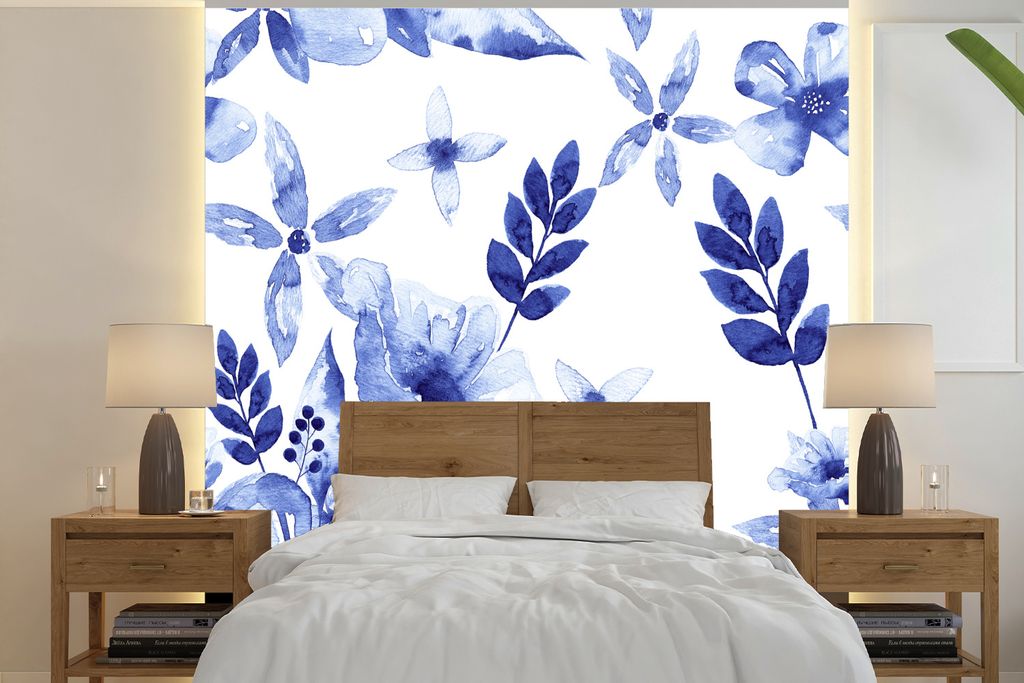 MuchoWow Fototapete für Wohnzimmer oder Schlafzimmer Wandtapete Vinyl Motivtapete Aquarell - Blumen - Blau - 350x350 cm - Schlafzimmertapete