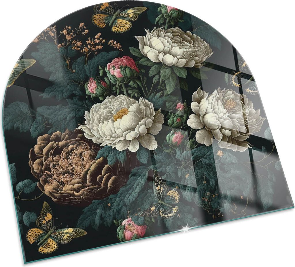 Florales Muster mit Schmetterlingen – Glasbodenplatte für – Kaminofen – Kaminplatte Glas – Schutzglas – Funkenschutzplatte –Glasbodenp...
