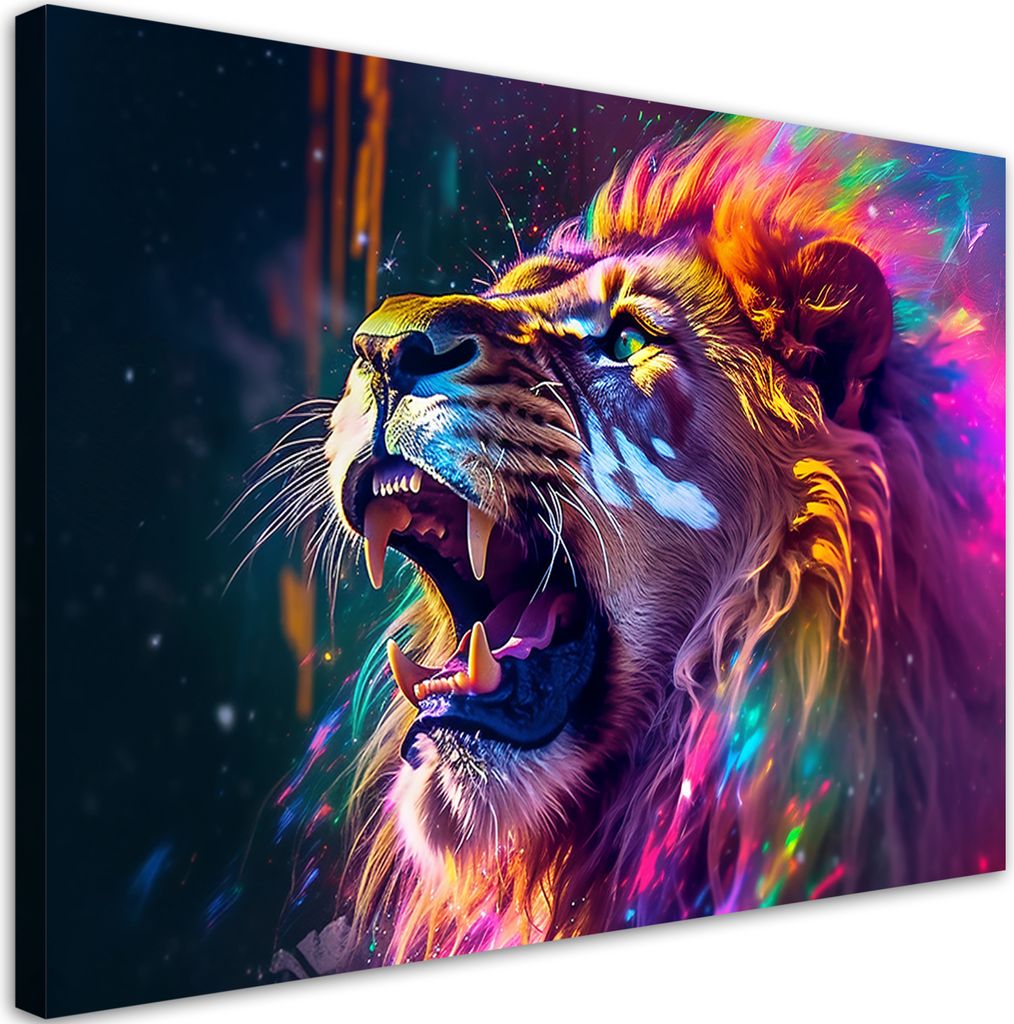 Leinwandbild Löwe Brüllen Neon Abstrakt 60x40 Feeby Bunt bild für die wand bereit zum aufhängen