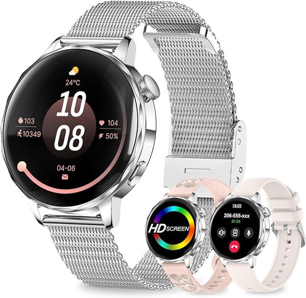 Smartwatch Damen mit Telefonfunktion,1.27" HD 3D-gebogener Bildschirm,3 Armbänder,HR/Schritte/Kalorien/Blutdruck/Schlaf,120 Sportmodi,IP68 Fitnessuhr