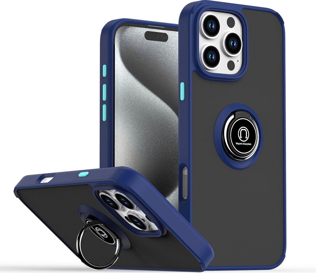 Hülle für iPhone 16 Pro Max Matte Transluzent TPU Stoßfest Schutzhülle mit Ring Halter Ständer Blau