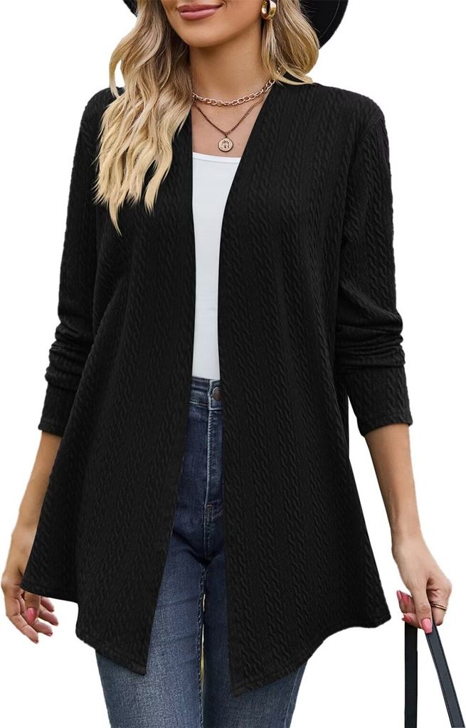 ASKSA Damen Strickjacke Kable Drapieren Lange aermel Offene Vorne Elegante Cardigan Strickpullover, Schwarz, M