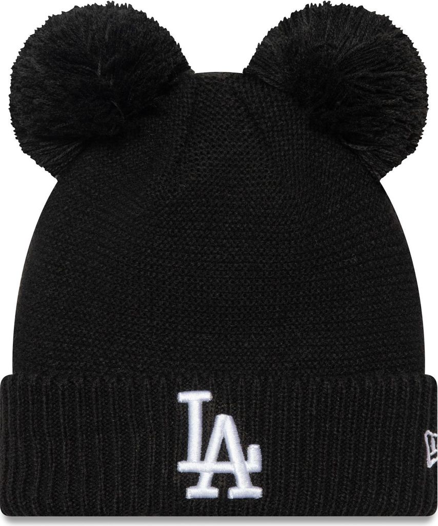 A black winter hat with two pom-poms on top and the LA Dodgers logo on the front.