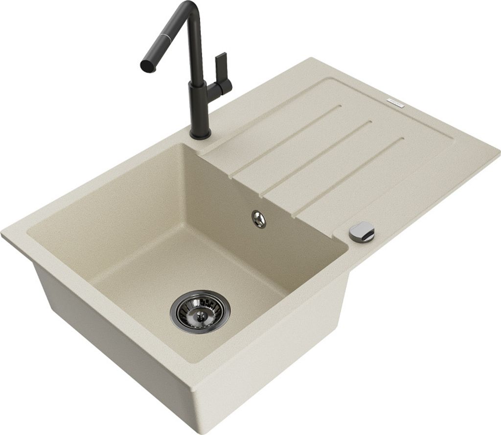 Mexen Bruno 1 Becken-Granitspüle mit Abtropffläche und Mischbatterie Flora, Beige - 6513-69-670401-70-B