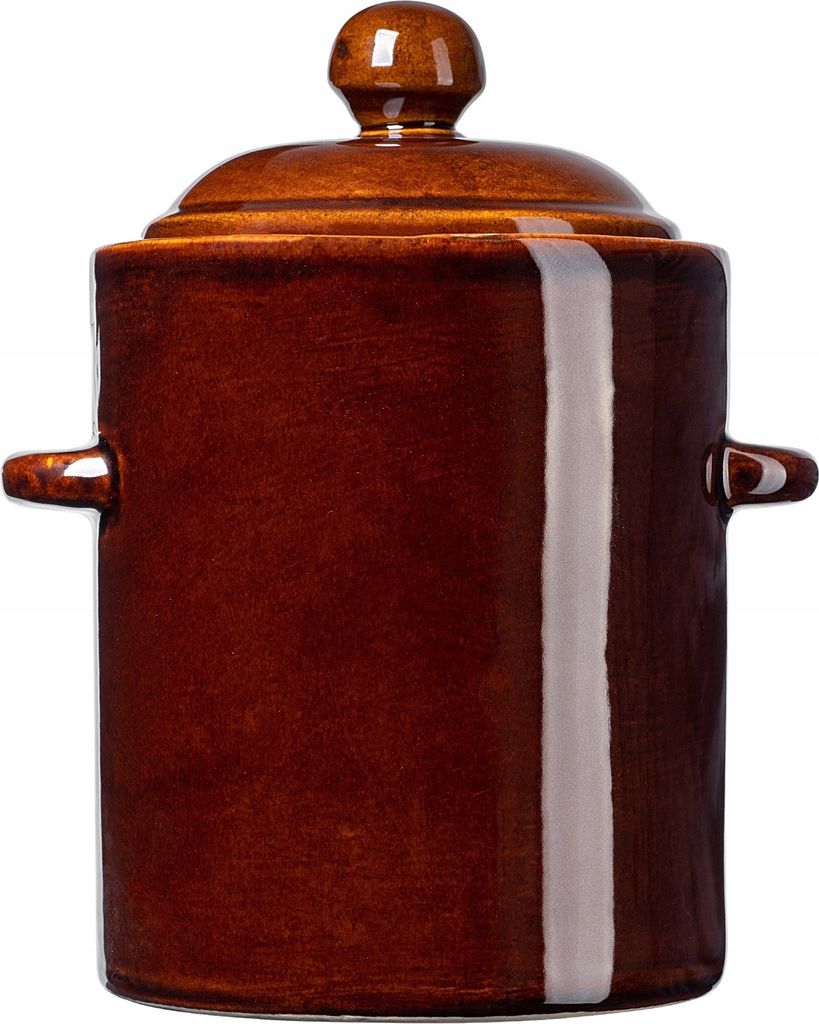 A brown ceramic pot with a lid and handles, isolated on a white background.