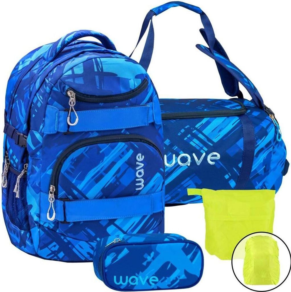 Wave Schulrucksack Set Mädchen Jungen 4tlg Deep Ocean mit Sporttasche Schlamper Regenschutz ab 5. Klasse