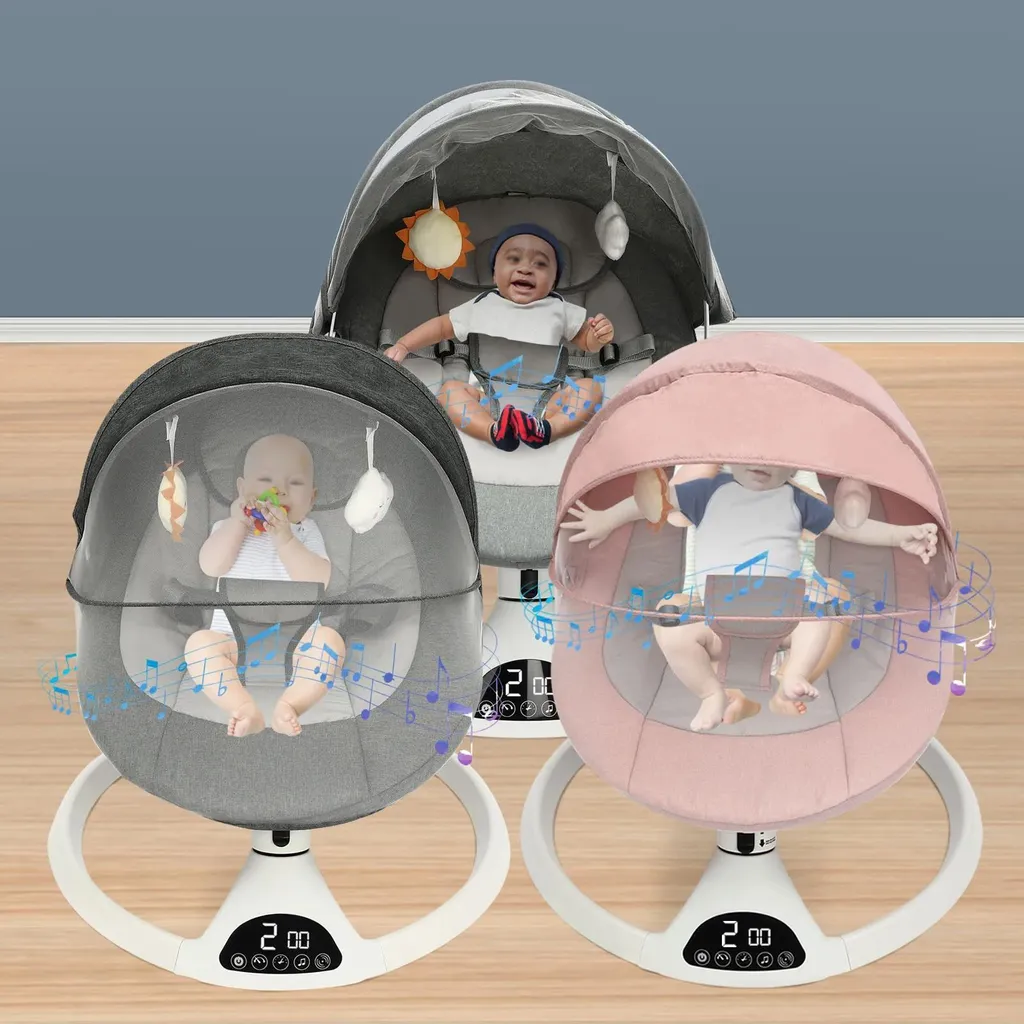 Balançoire bébé avec 5 vitesses et minuterie - Transat rose avec télécommande - 11