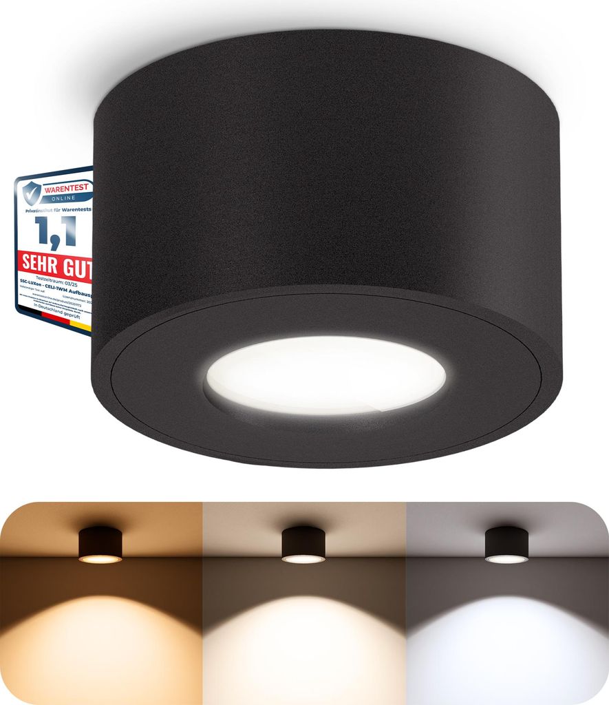 SSC-LUXon CELI-1 LED Aufbauspot IP44 schwarz - dimmbar & 3CCT Lichtfarben - Badezimmer Deckenleuchte 230V 6 Watt