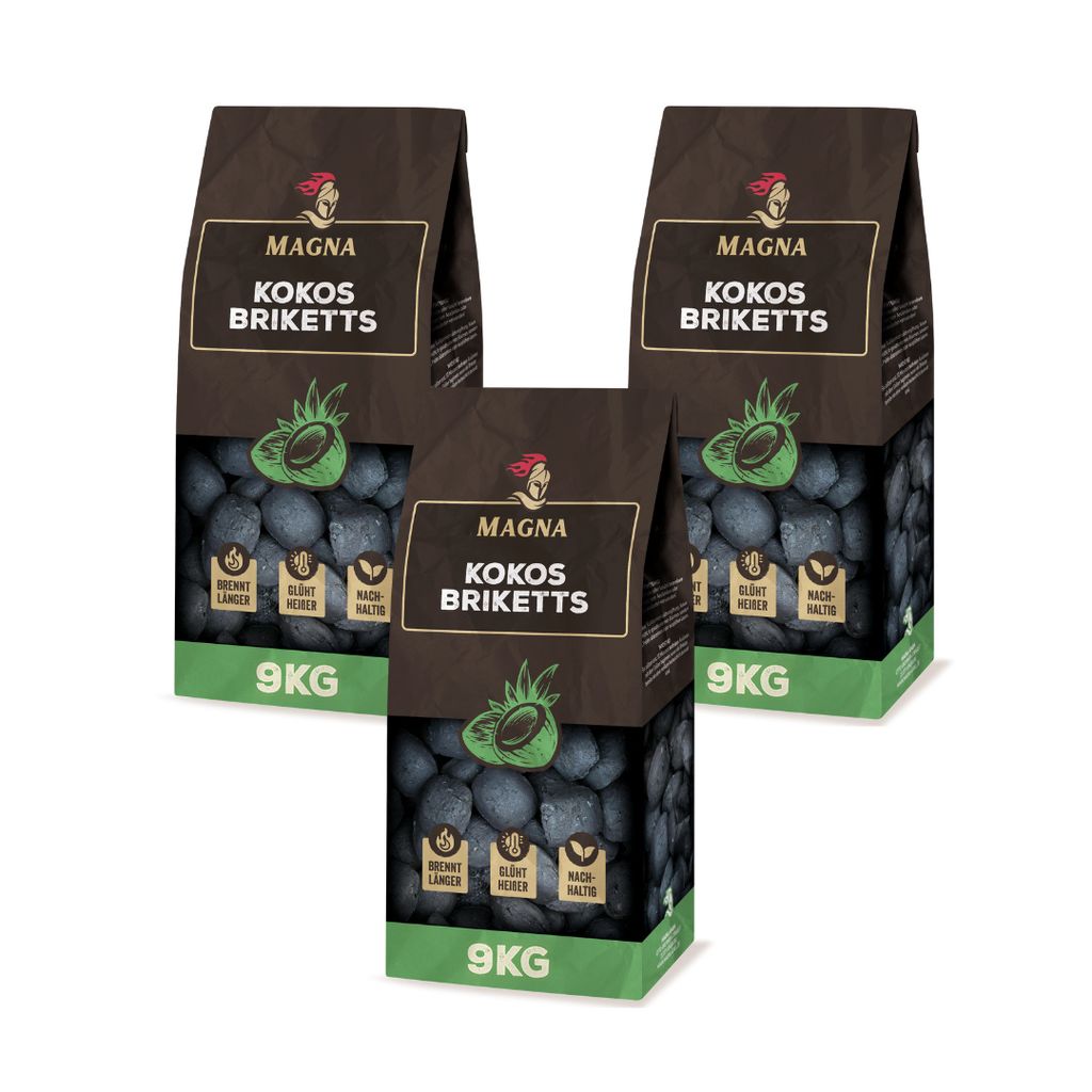 27KG (3 Säcke x 9KG) MAGNA Premium Kokosbriketts Grillkohle Produktbild 