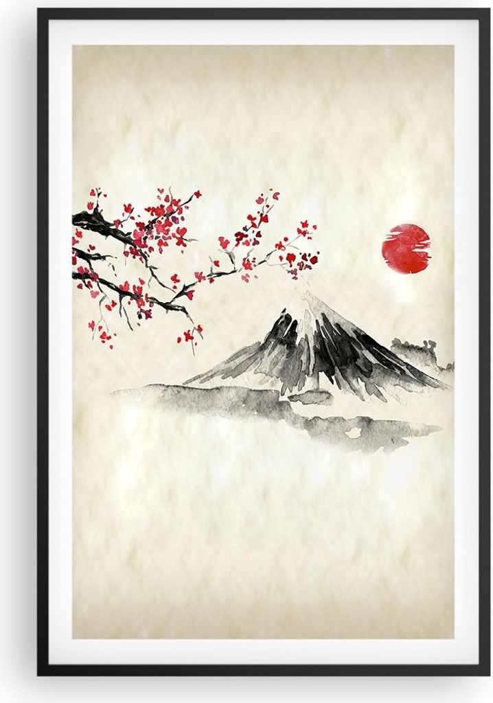 Gerahmtes Poster - Schwarzer Rahmen - Aquarell asiatisch Landschaft - 61x91,5 cm - Wand Bild - Wanddeko - Wandbilder - Kunstposter - Wandposter - B...