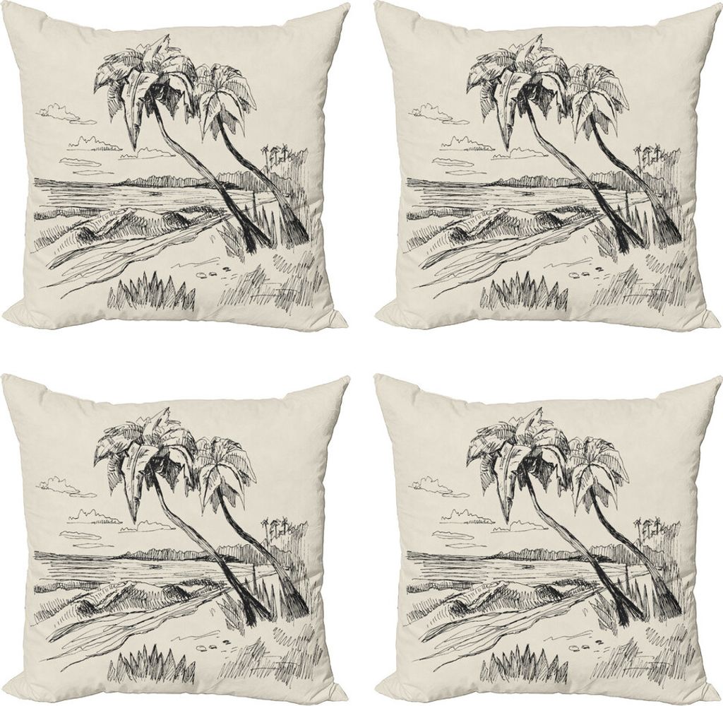 ABAKUHAUS Palme Kissenbezug Set (4 Stück), Tropical Beach Sketch, Moderner Doppelseitiger Digitaldruck, 60 cm x 60 cm, Creme-Schwarz