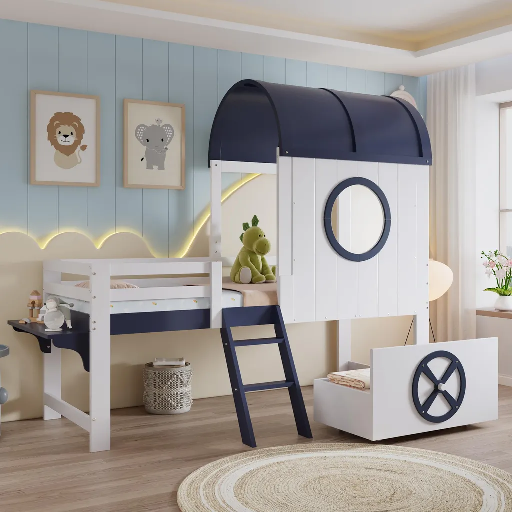 Lit superposé 90x200 gain de place avec rangement pour chambre enfant